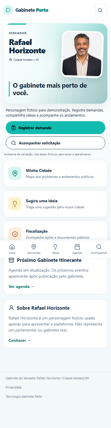 Portal de demonstração com Rafael Horizonte, personagem fictício